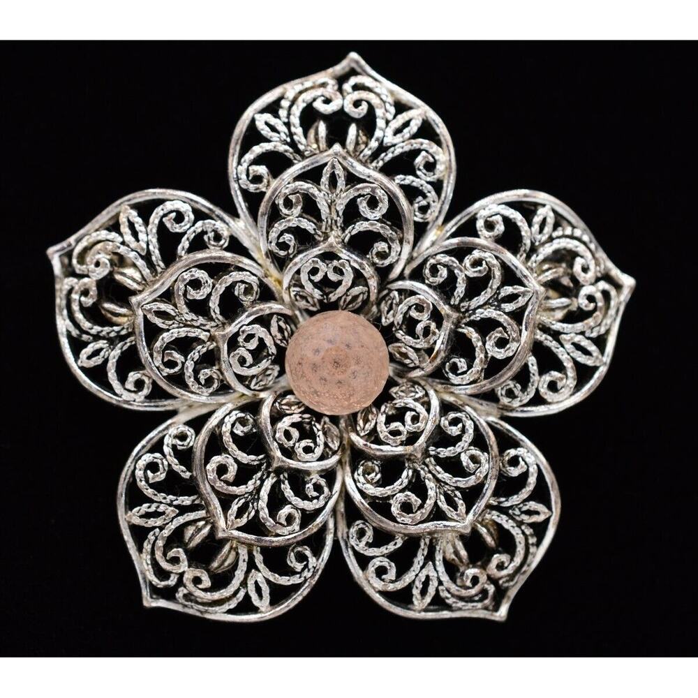 Monet Vintage Pin Brooch Silver Filigree Pink Crystal Flower Shiny Signed Bin5B